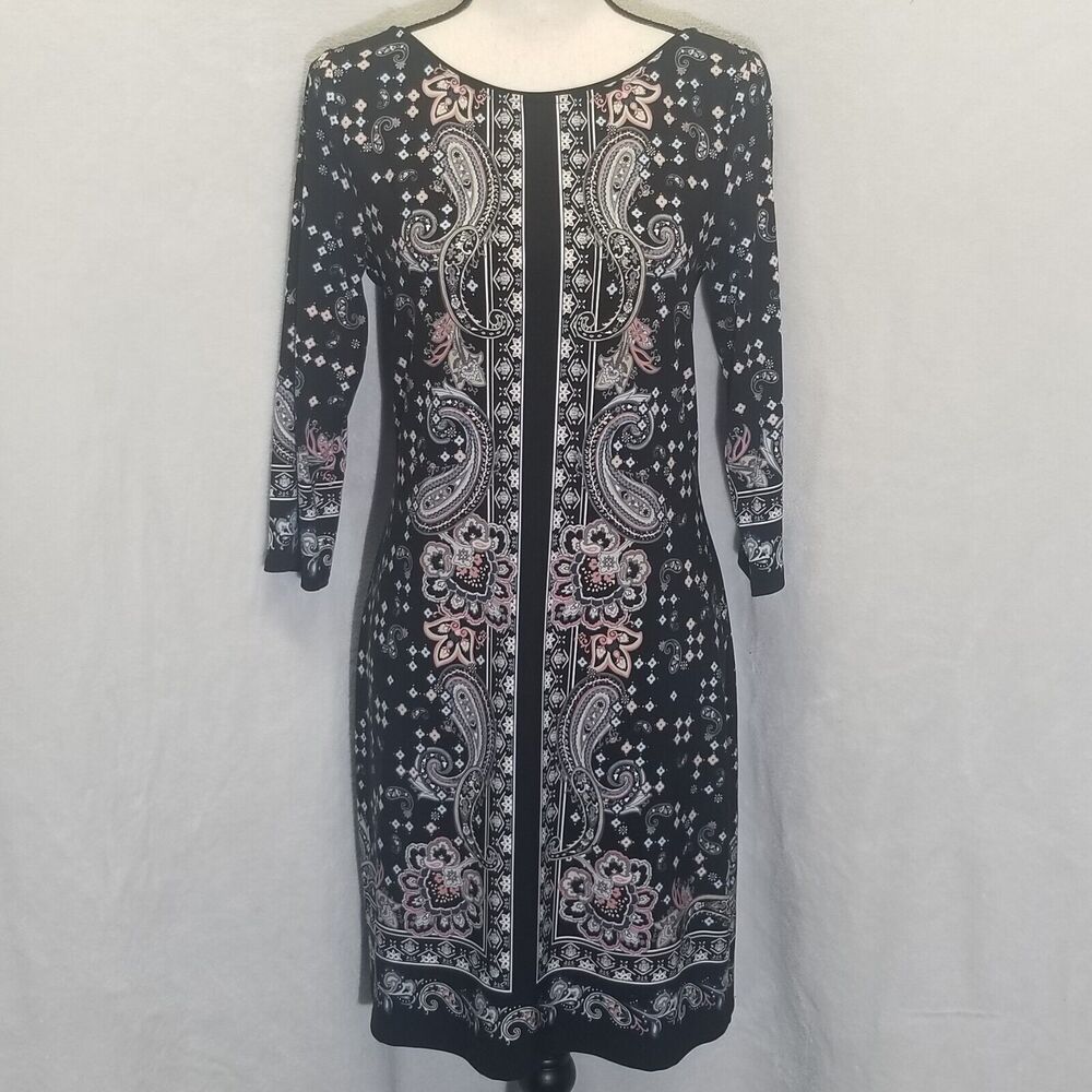 White House Black Market Small Dress Shift Black Paisley 3/4 Sleeve Boho Retro